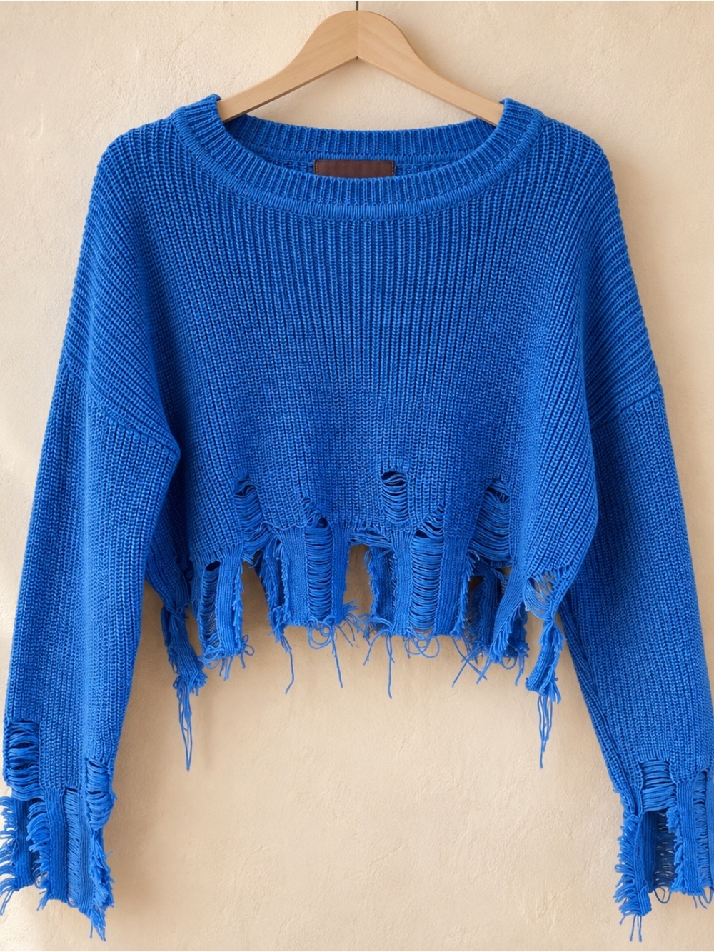 Ron David Studio Blue Distressed Cropped Knit Sweater